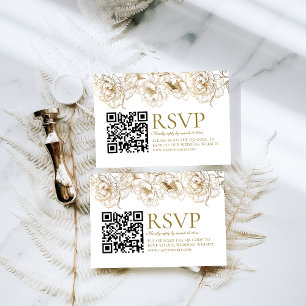 Cartão RSVP Casamento de Código QR do Ouro Branco de Peônias F