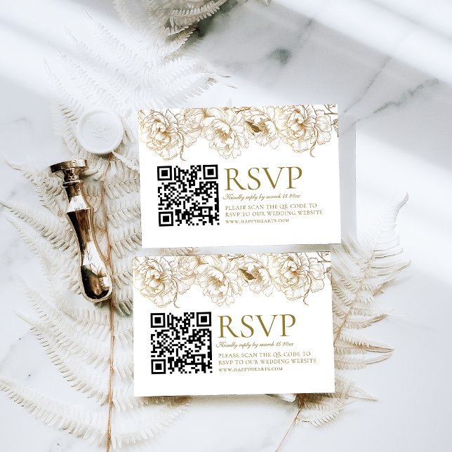 Cartão RSVP Casamento de Código QR do Ouro Branco de Peônias F (Criador carregado)
