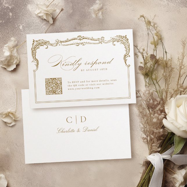Cartão RSVP Casamento de código QR do script clássico de quadr (Gold Vintage Frame Classic Script QR code wedding RSVP Card)