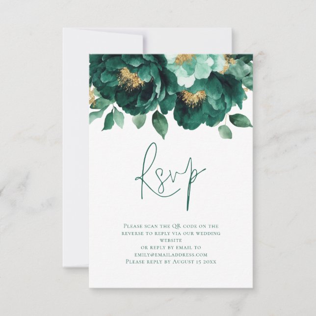 Cartão RSVP Casamento de Código QR do Script Florals Dourado d (Frente)