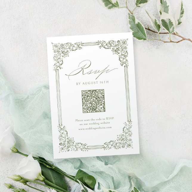 Cartão RSVP Casamento de Código QR Elegante de Quadro de Vinta (Sage Green Vintage Frame Elegant QR Code Wedding RSVP Card)