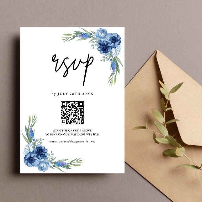 Cartão RSVP Casamento de Código QR Floral Azul e Bonito (Criador carregado)