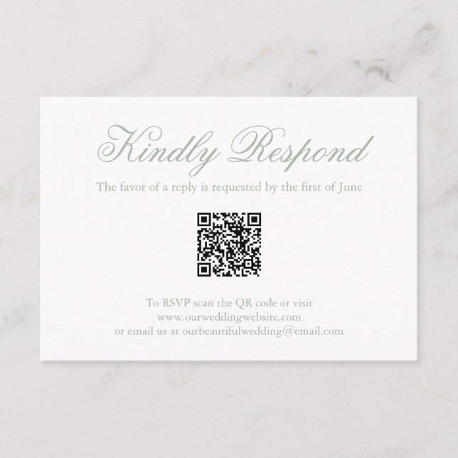 Cartão RSVP Casamento de Código QR Formal Verde de Sage Tradic (Frente)
