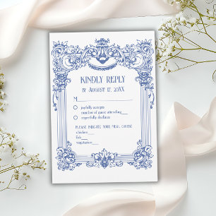 Cartão RSVP Casamento de Coluna Azul Barroca Floral Elegante