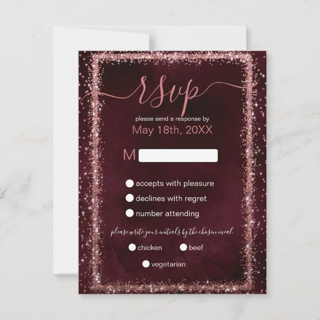 Cartão RSVP Casamento de Confetti Dourado e Rosa Burgundy (Frente)