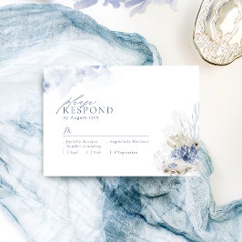 Cartão RSVP Casamento de coral de aquarela azul e conchas