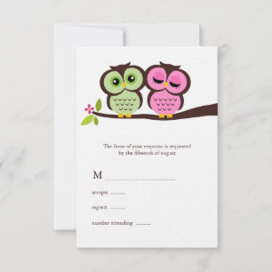 Cartão RSVP Casamento de Corujas Verdes e Rosa