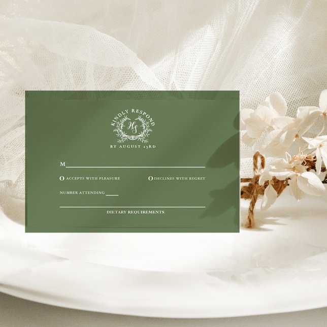 Cartão RSVP Casamento de Crest do Monograma do Elegante Sage (Criador carregado)