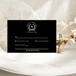 Cartão RSVP Casamento de Crest. Monograma Preto/Branco Elegant
