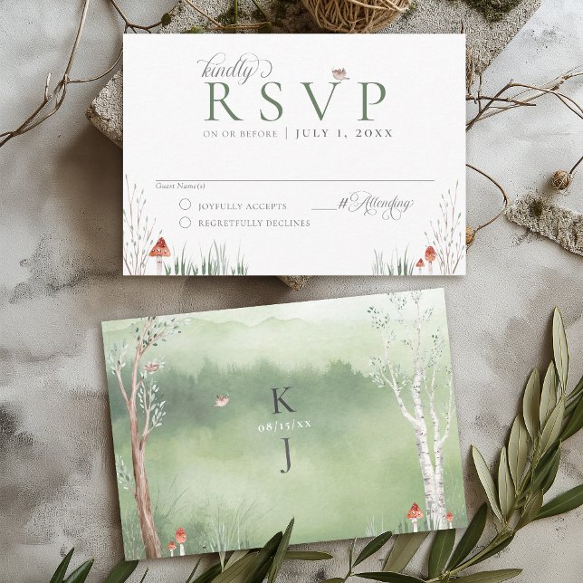 Cartão RSVP Casamento de Cuta-Cama de Algodão Cúmplice (Cute whimsical cottagecore dreamy sage green tree arch forest mushroom wedding invitation RSVP card)
