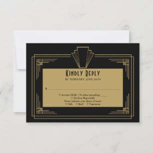 Cartão RSVP Casamento De Deco De Arte 1920 Preta E Dourada