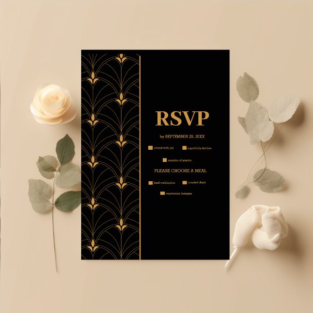 Cartão RSVP Casamento de Deco de Arte Dourada e Preta Elegante (Criador carregado)