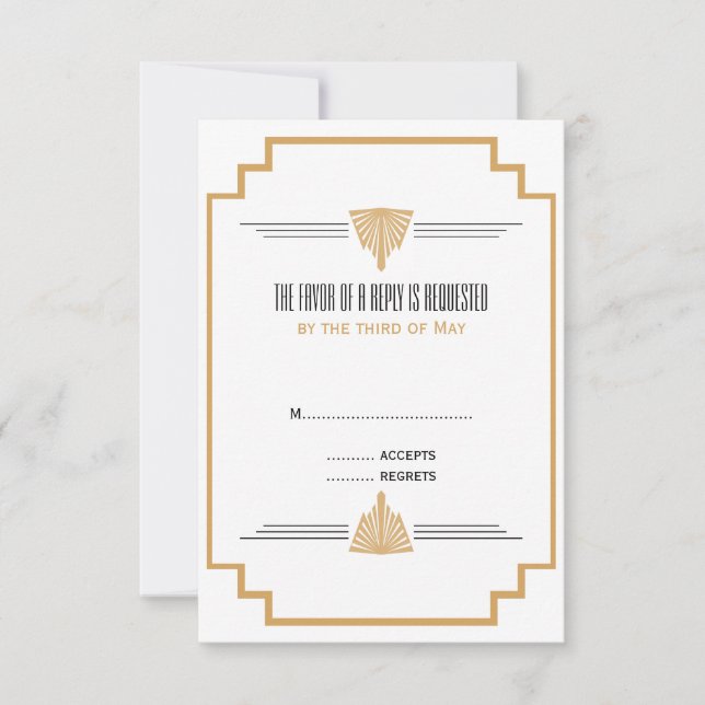 Cartão RSVP Casamento de Deco de Arte Negra, Dourada e Branca (Frente)