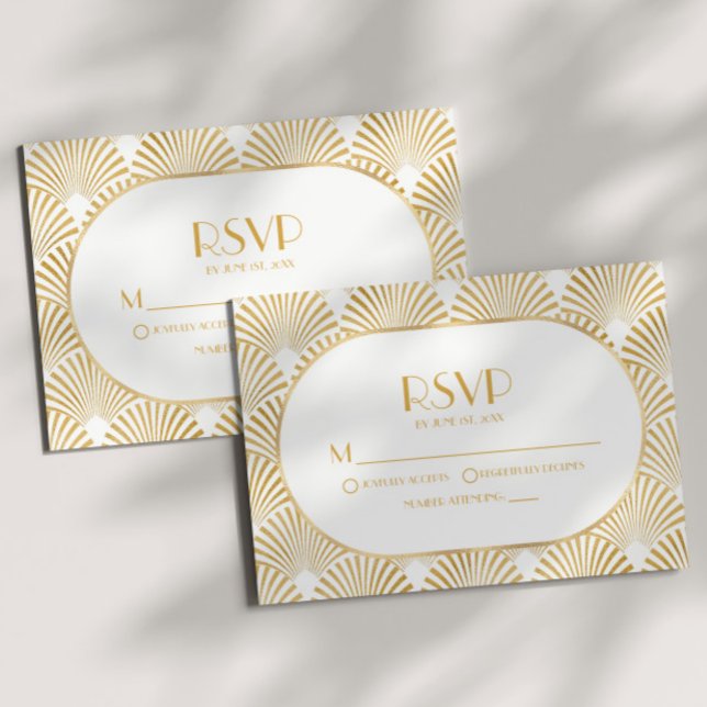 Cartão RSVP Casamento de Deco Geométrico Dourado Elegante (Criador carregado)