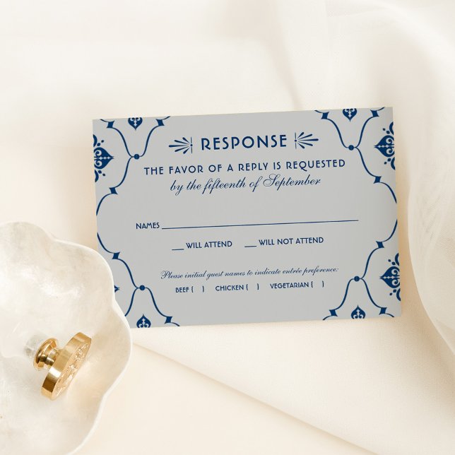 Cartão RSVP Casamento de Deco Marinho Azul e Arte Prateada (Criador carregado)