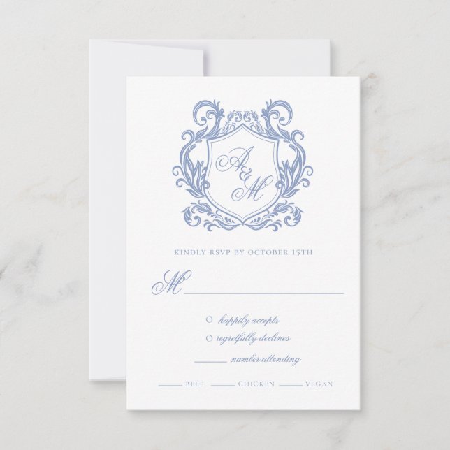 Cartão RSVP Casamento de Derrame Azul Elegante Monograma (Frente)
