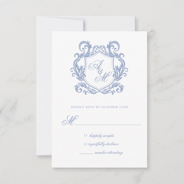 Cartão RSVP Casamento de Derrame Azul Elegante Monograma (Frente)