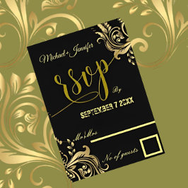 Cartão RSVP Casamento De Design Dourado E Preto Elegante