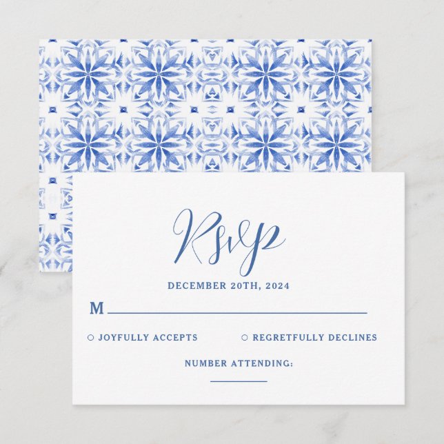 Cartão RSVP Casamento de Destino da Grécia Blue Santorini (Frente/Verso)