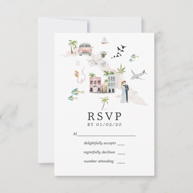 Cartão RSVP Casamento de Destino de Cuba Watercolor (Frente)