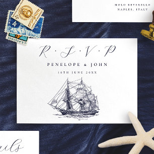 Cartão RSVP Casamento de Destino de Ilustração de Navio Náutic