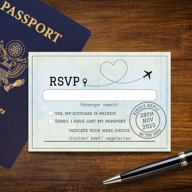 Cartão RSVP Casamento de Destino de Passaporte (Criador carregado)