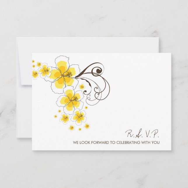 Cartão RSVP Casamento de Destino de Praia com Hibisco Amarelo  (Frente)