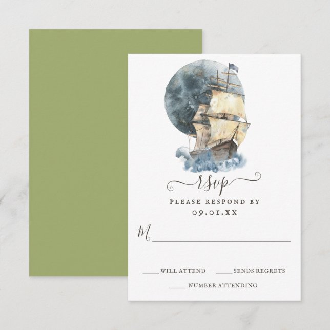 Cartão RSVP Casamento de Destino de Praia de Navio de Navegaçã (Frente/Verso)