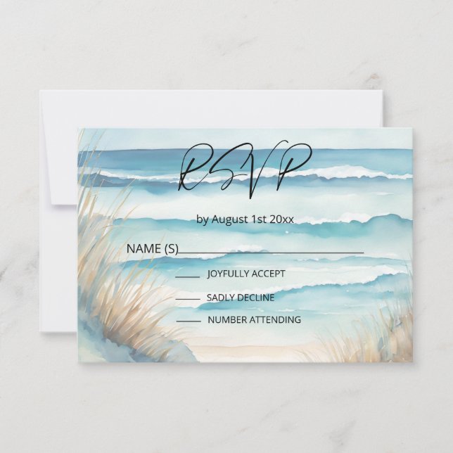Cartão RSVP Casamento de Destino de Praia do Oceano de Aquarel (Frente)
