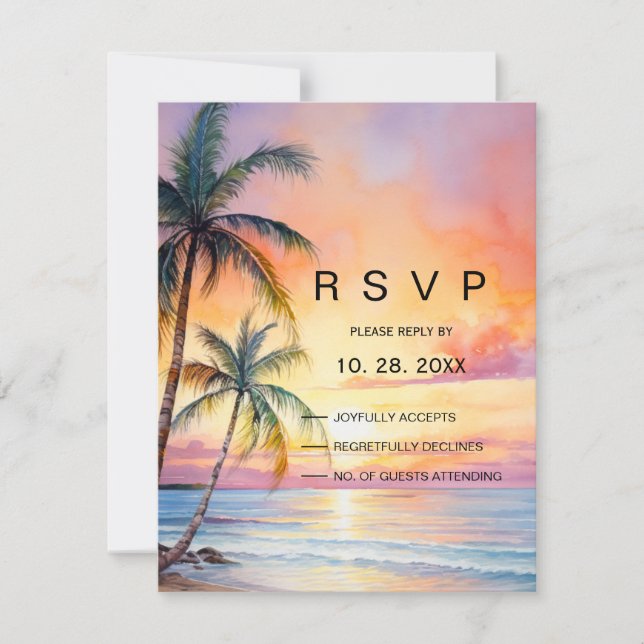 Cartão RSVP Casamento de Destino de Praia Sunset (Frente)