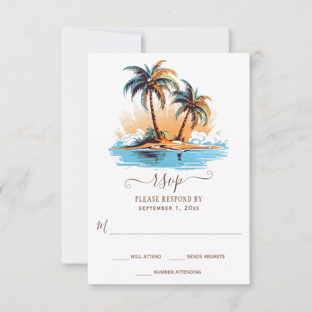 Cartão RSVP Casamento de Destino de Praia Tropical Retro (Frente)
