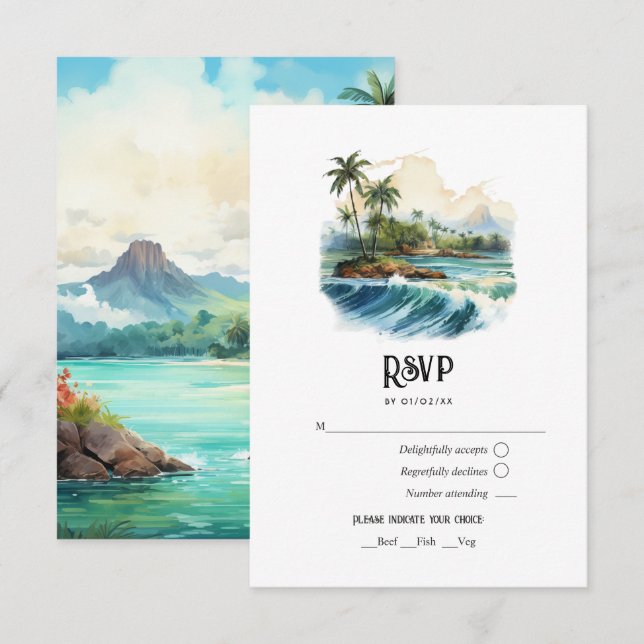 Cartão RSVP Casamento de Destino de Watercolor Hawaii (Frente/Verso)