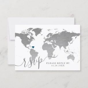 Cartão RSVP Casamento de Destino do Mapa do Mundo de Silver