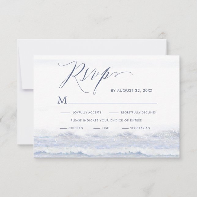 Cartão RSVP Casamento de Destino do Oceano Azul e Branco (Frente)