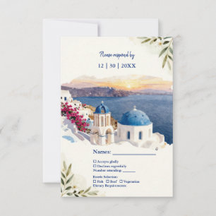 Cartão RSVP Casamento de Destino em Santorini com Aquarela Azu