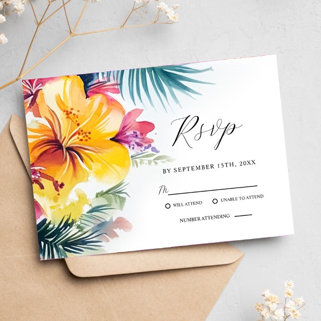 Cartão RSVP Casamento de Destino Floral Tropical de Hibiscus (Tropical Hibiscus Floral Destination Wedding RSVP Card)