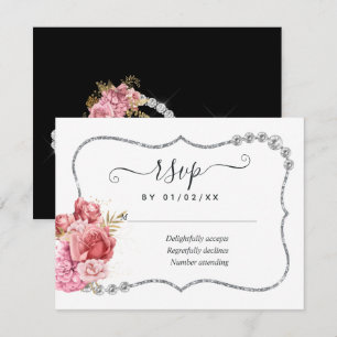 Cartão RSVP Casamento de Diamantes Florais Dourados e Prateado