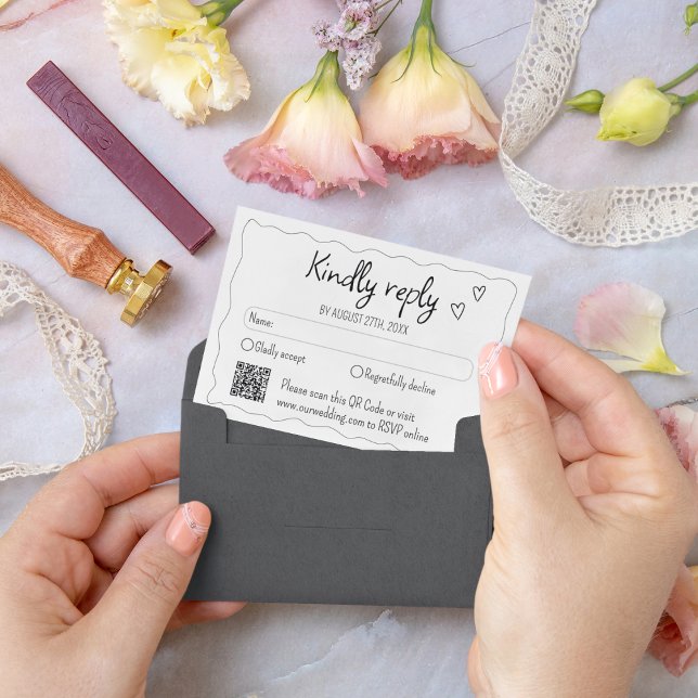 Cartão RSVP Casamento de Dobra Escrivível à Mão Desenhada (Criador carregado)