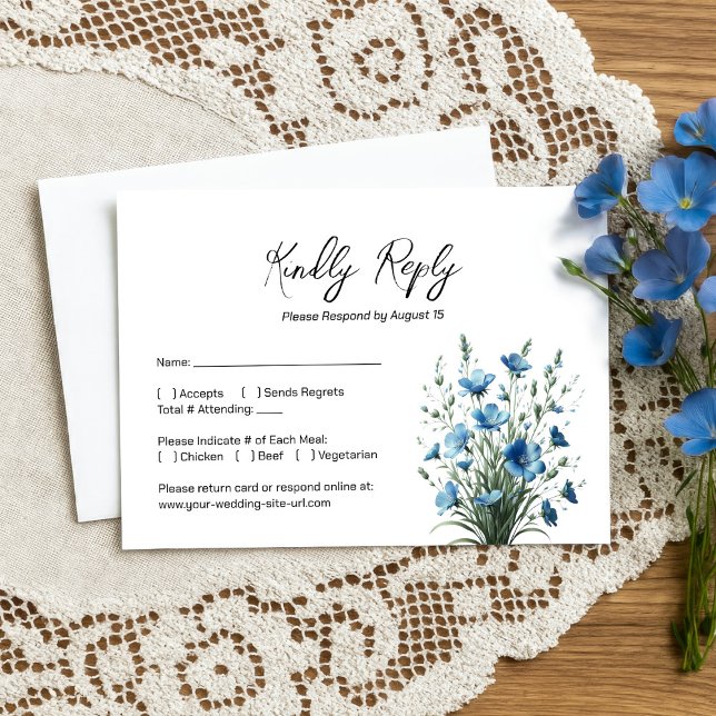 Cartão RSVP Casamento de Dusty Blue & Sage Boho Chic Wildflowe (Criador carregado)