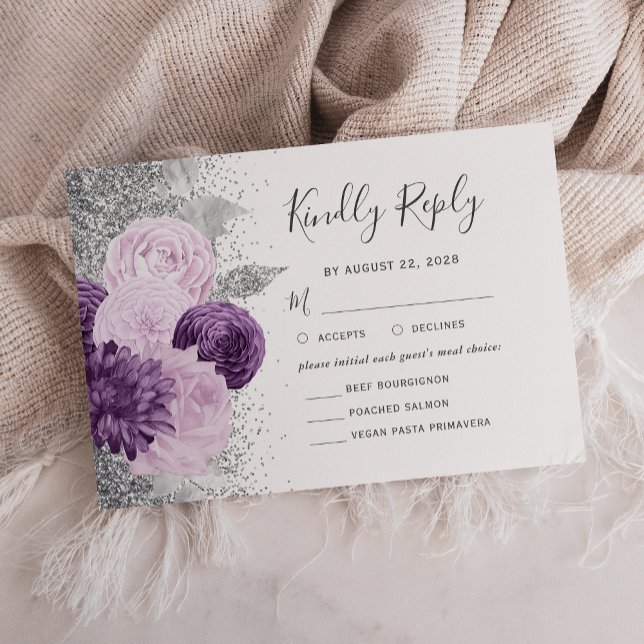 Cartão RSVP Casamento de Escolha de Refeições de Prata Roxo Fl (Criador carregado)