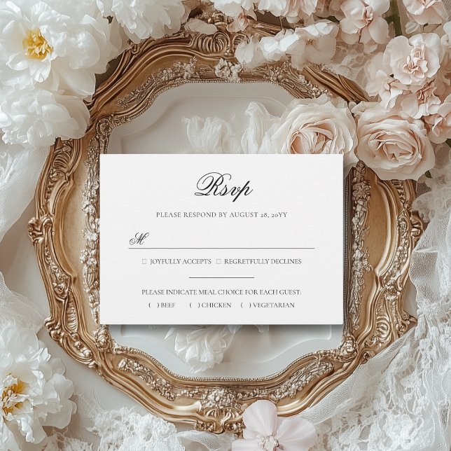Cartão RSVP Casamento de Escolha de Refeições Pretas e Brancas (This meal choice RSVP card is perfect for an elegant, vintage wedding.)