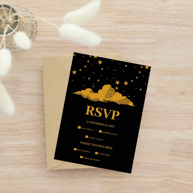 Cartão RSVP Casamento de Estrelas Celestiais Douradas Místicas (Criador carregado)