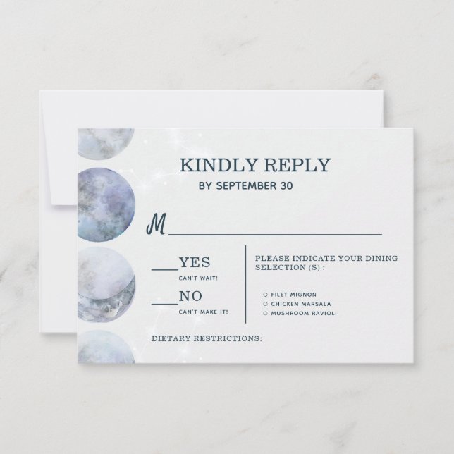 Cartão RSVP Casamento de Estrelas Douradas Azuis Elegante Lua (Frente)