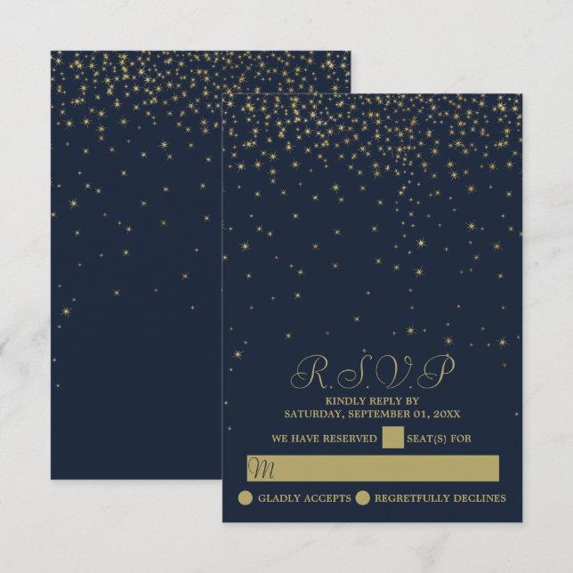 Cartão RSVP Casamento de Estrelas Marinhos Elegantes e Dourada (Frente/Verso)