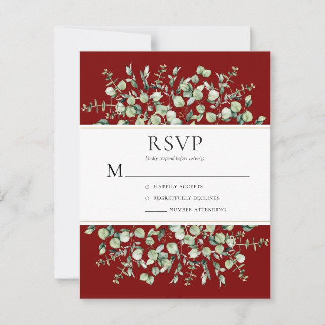 Cartão RSVP Casamento de Eucalipto Borgonha (Frente)