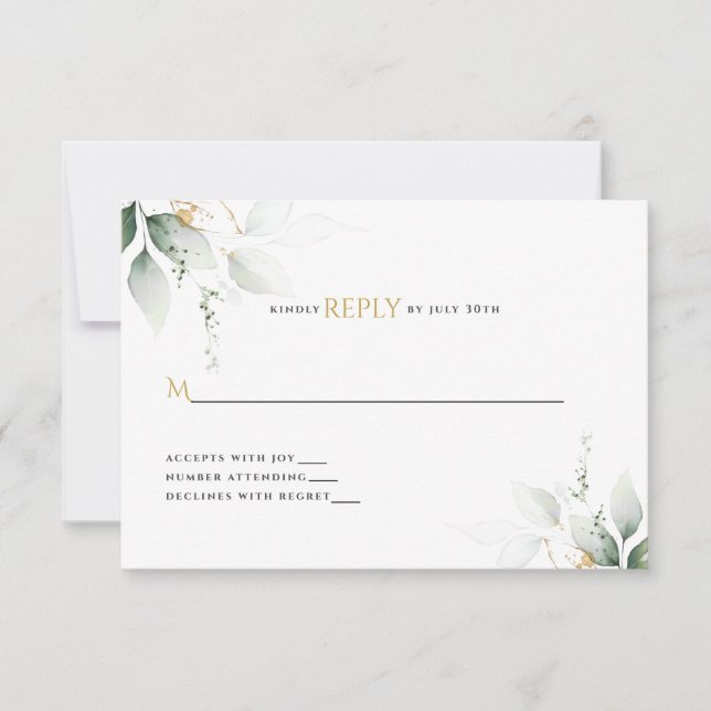 Cartão RSVP Casamento de Eucalipto com Verde e Dourado  (Frente)