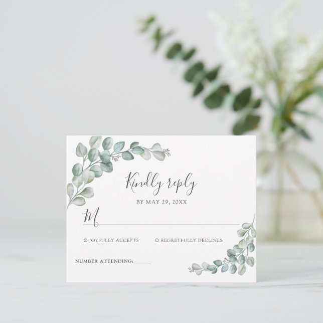 Cartão RSVP Casamento de Eucalipto Verde com Aquarela Rústica (Em pé/Frente)