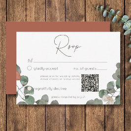 Cartão RSVP Casamento de Eucalyptus Vermelhos Mínimo Rust QR
