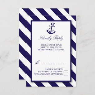 Cartão RSVP Casamento de faixas e âncoras azuis Marinhos
