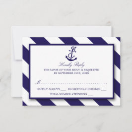 Cartão RSVP Casamento de faixas e âncoras azuis Marinhos